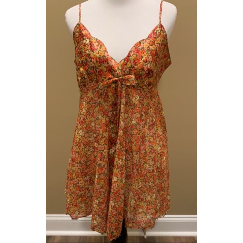 Victoria’s Secret Orange Yellow Floral Slip Dress Size XS Bow Straps Sexy Sheer